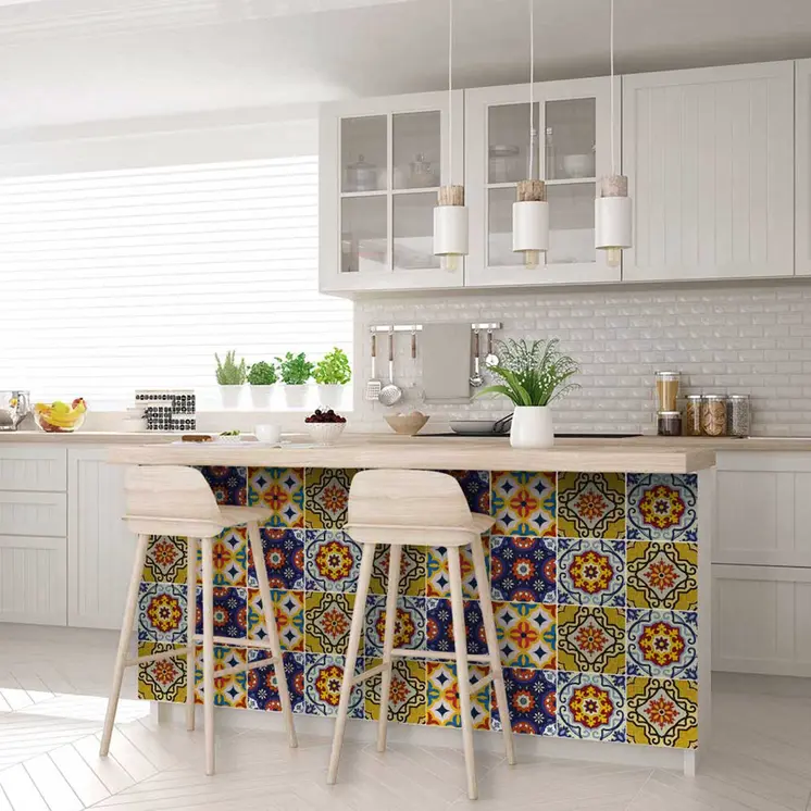 12" X 12" Blue And Yellow Mosaic Peel And Stick Removable Tiles