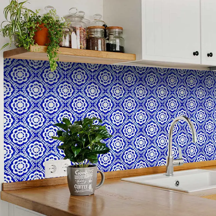12" X 12" Blue And White Gerbera Peel And Stick Removable Tiles