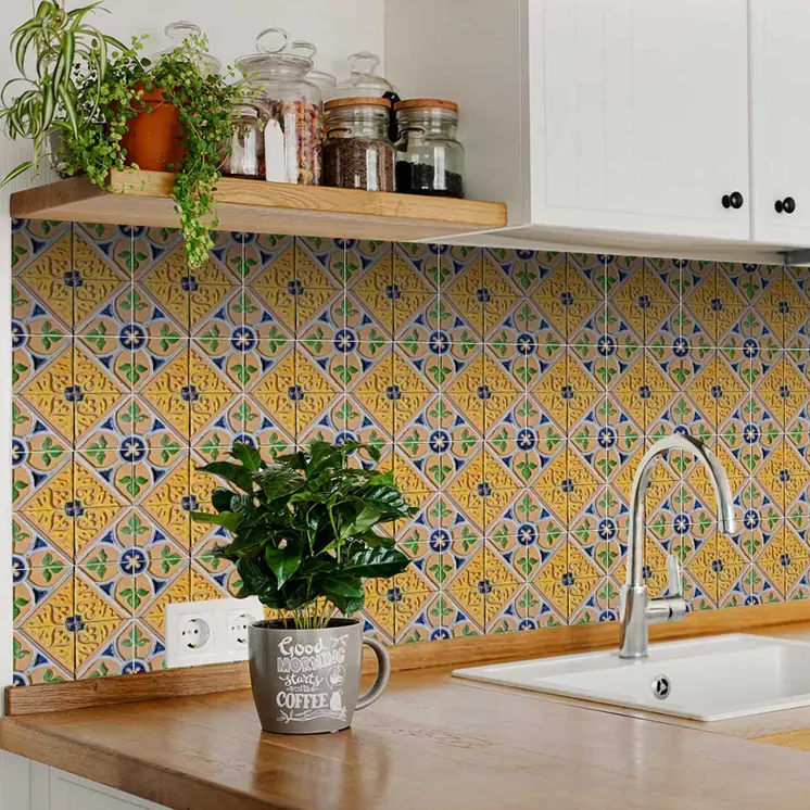 12" X 12" Yellow Blue Provence Peel and Stick Removable Tiles