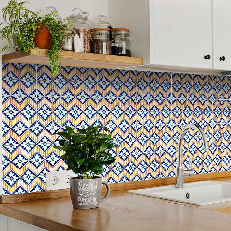 12" X 12" Blue Yellow Zig Peel and Stick Tiles