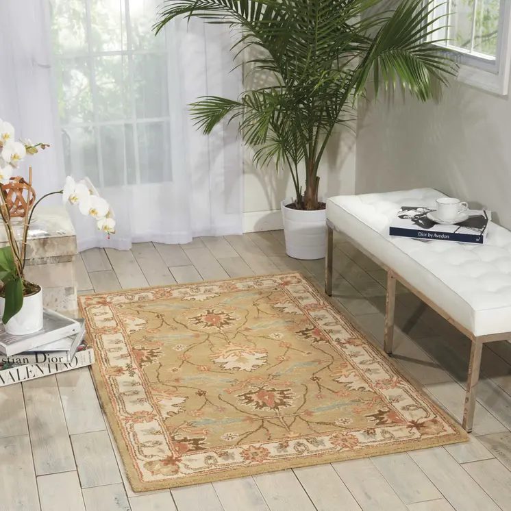 3' X 4' Ivory Sage and Tan Wool Floral Area Rug