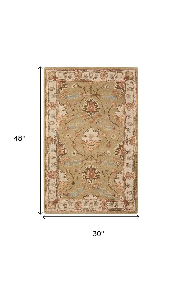3' X 4' Ivory Sage and Tan Wool Floral Area Rug