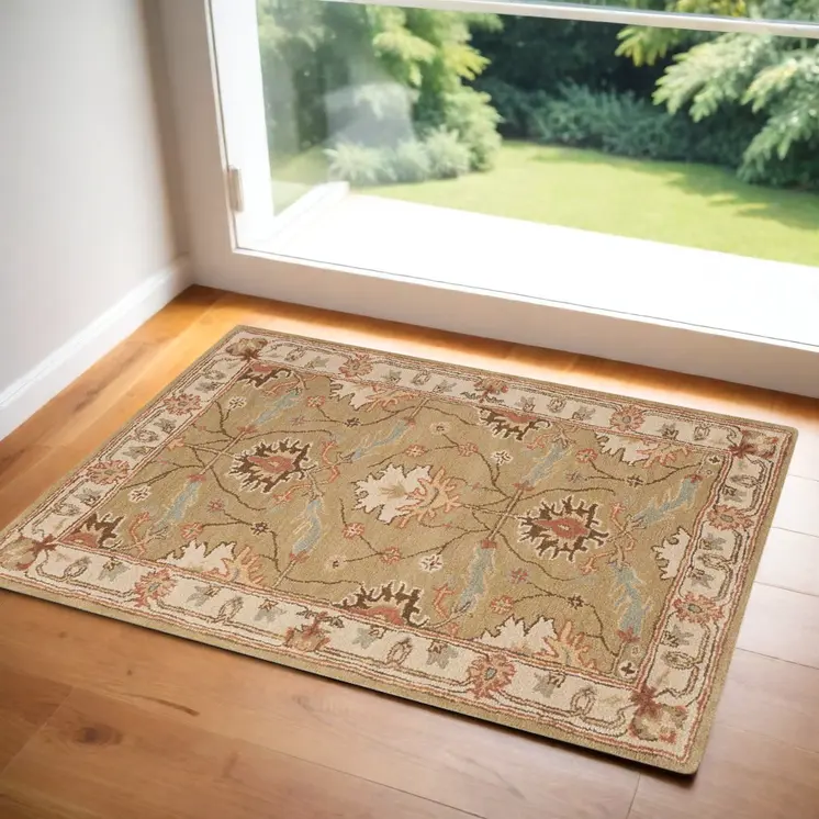 3' X 4' Ivory Sage and Tan Wool Floral Area Rug