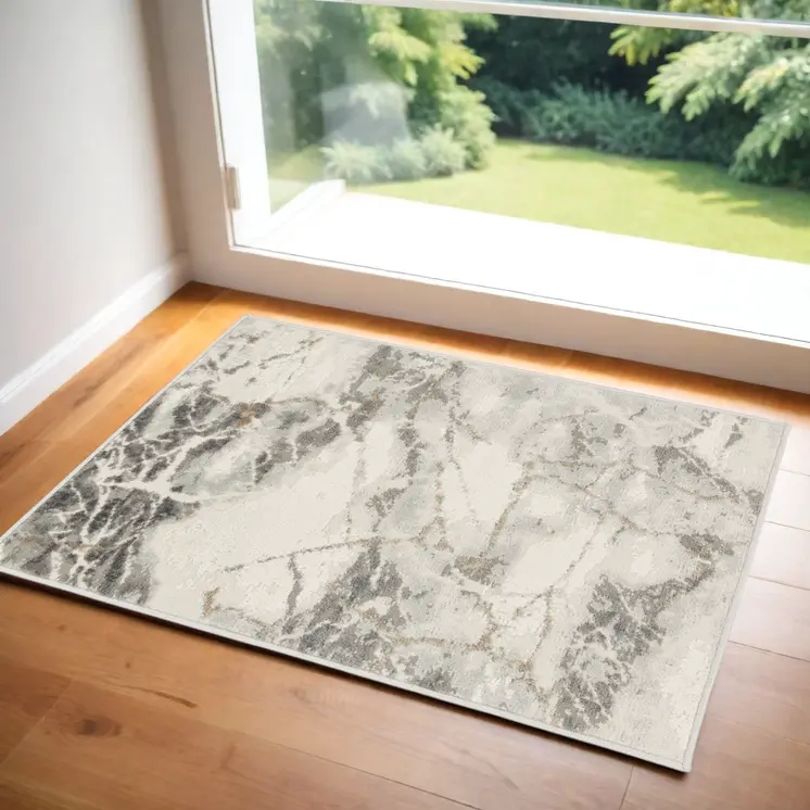 2' X 3' Ivory and Gray Abstract Non Skid Area Rug