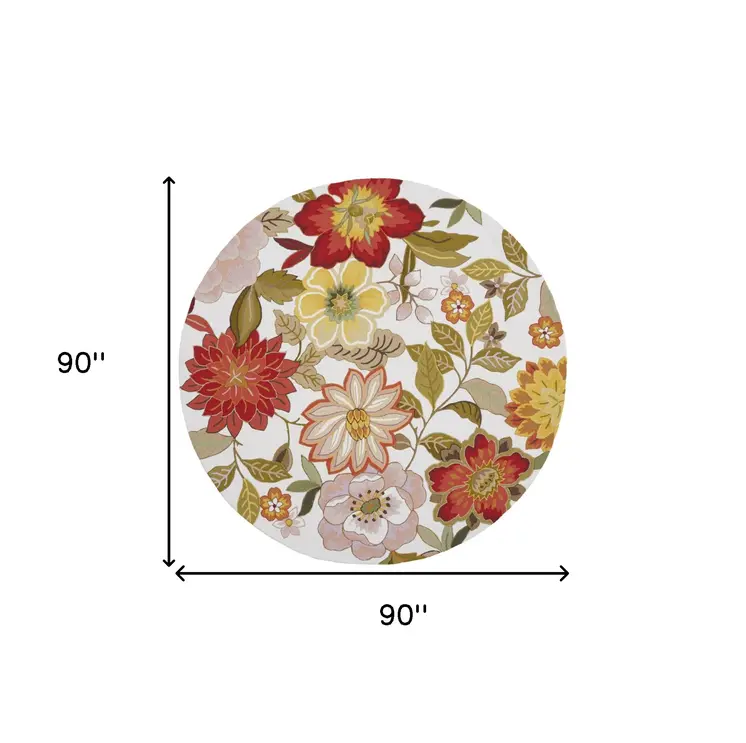8' Ivory and Red Botanical Leaves Round Rug