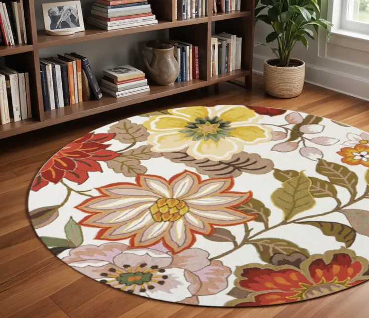 8' Ivory and Red Botanical Leaves Round Rug