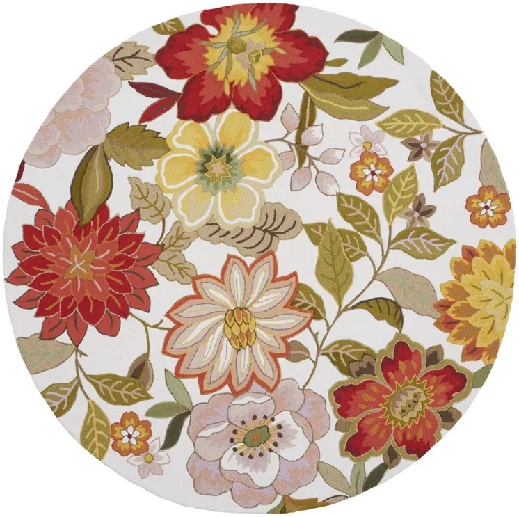 8' Ivory and Red Botanical Leaves Round Rug