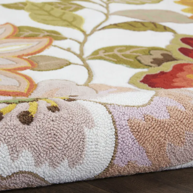8' Ivory and Red Botanical Leaves Round Rug