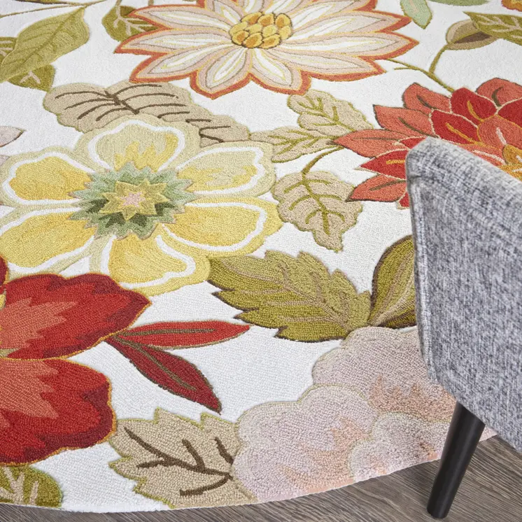 8' Ivory and Red Botanical Leaves Round Rug