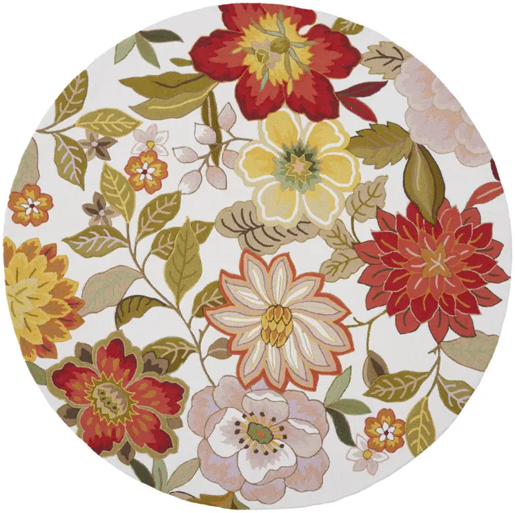 8' Ivory and Red Botanical Leaves Round Rug