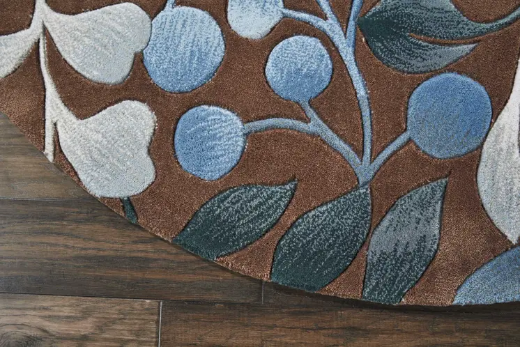 5' Brown Botanical Leaves Round Rug