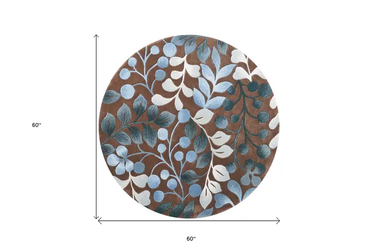 5' Brown Botanical Leaves Round Rug