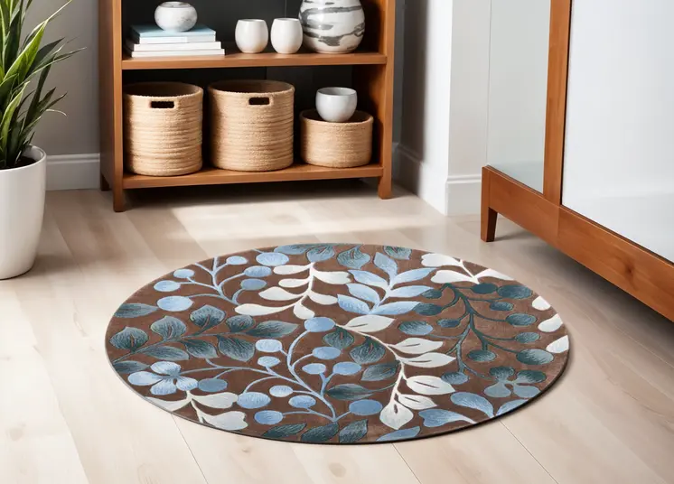 5' Brown Botanical Leaves Round Rug