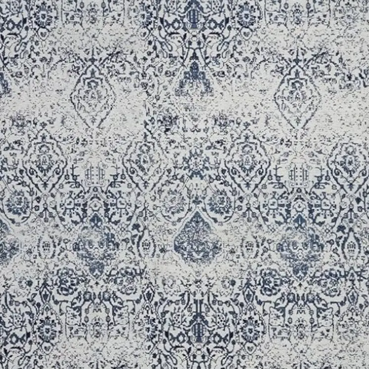 6' X 9' Navy Blue And Ivory Damask Distressed Area Rug