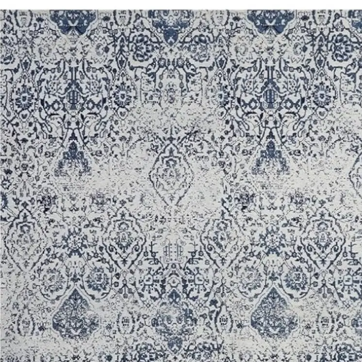 6' X 9' Navy Blue And Ivory Damask Distressed Area Rug