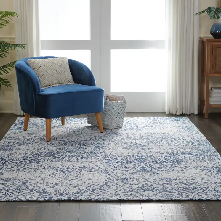6' X 9' Navy Blue And Ivory Damask Distressed Area Rug