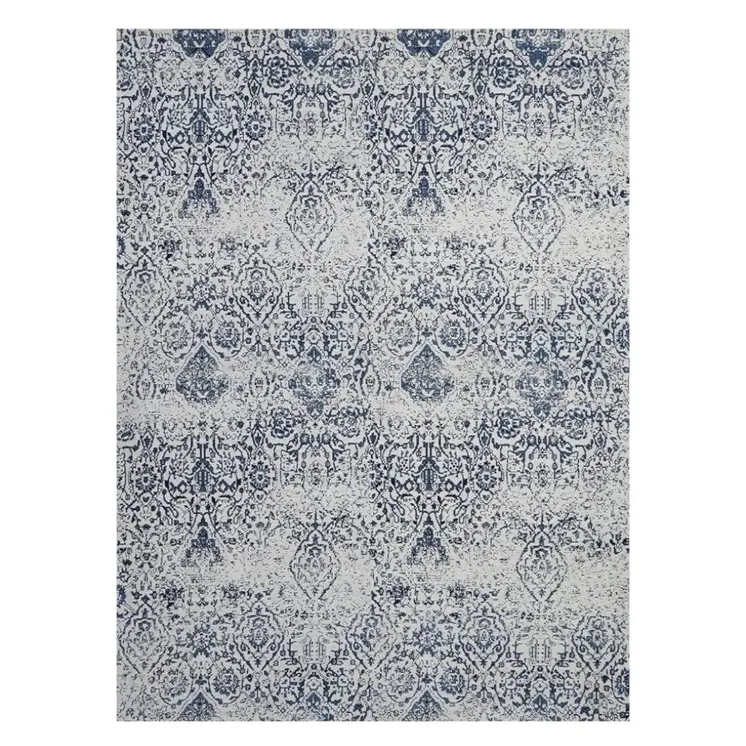 6' X 9' Navy Blue And Ivory Damask Distressed Area Rug