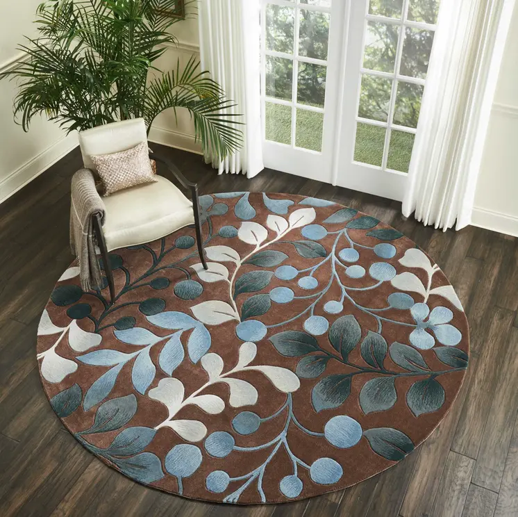 8' Brown Botanical Leaves Round Rug