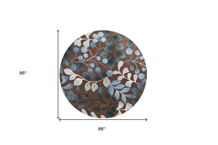 8' Brown Botanical Leaves Round Rug