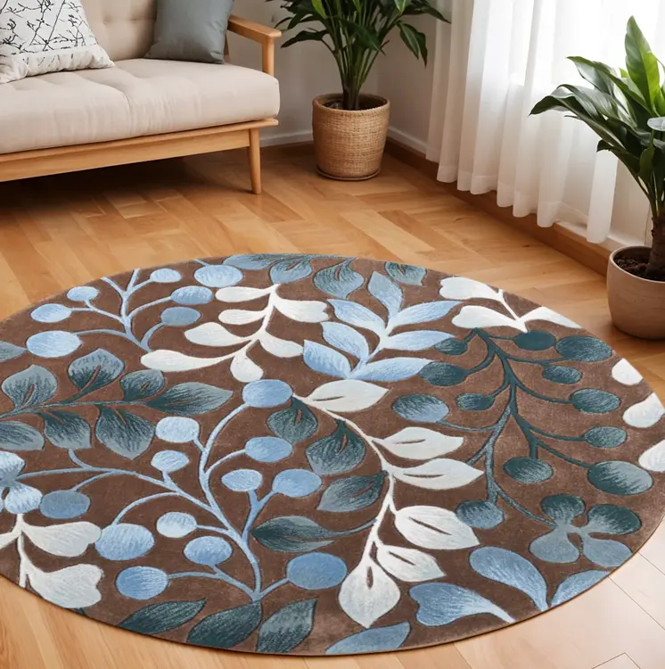 8' Brown Botanical Leaves Round Rug