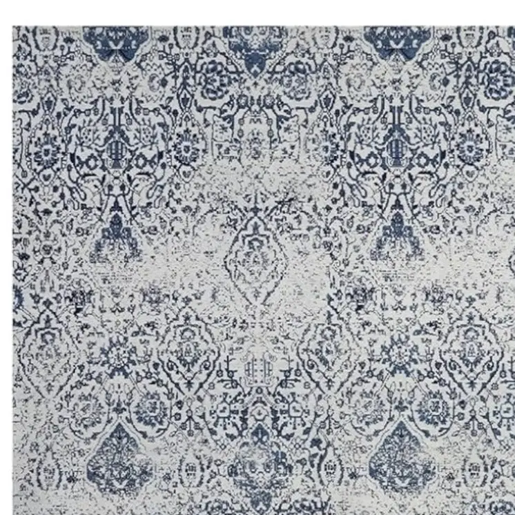 8' X 10' Navy Blue And Ivory Damask Distressed Area Rug