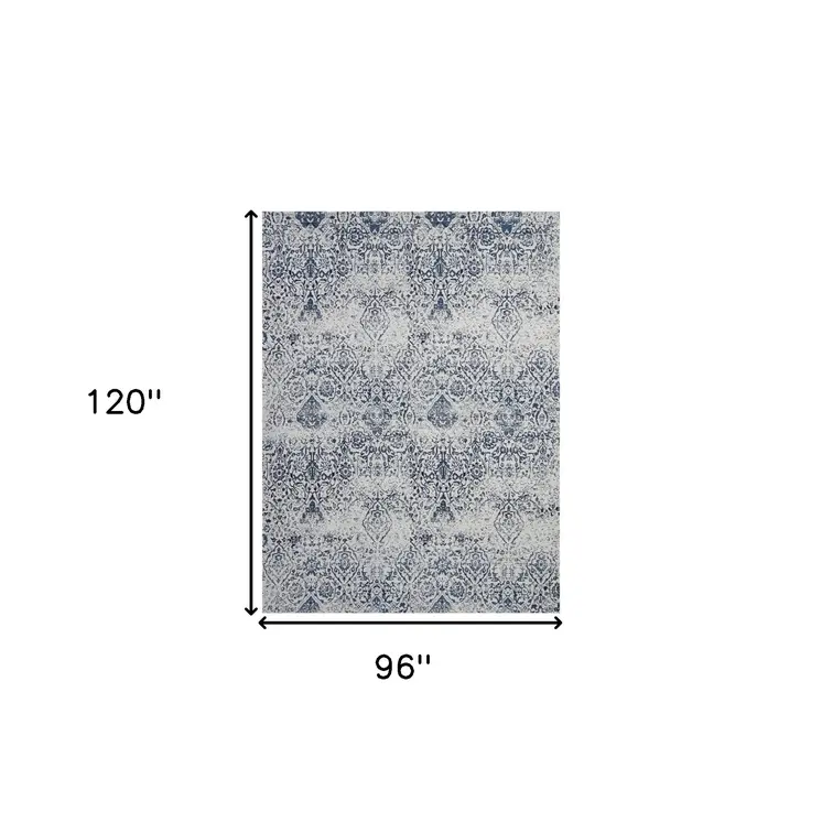 8' X 10' Navy Blue And Ivory Damask Distressed Area Rug
