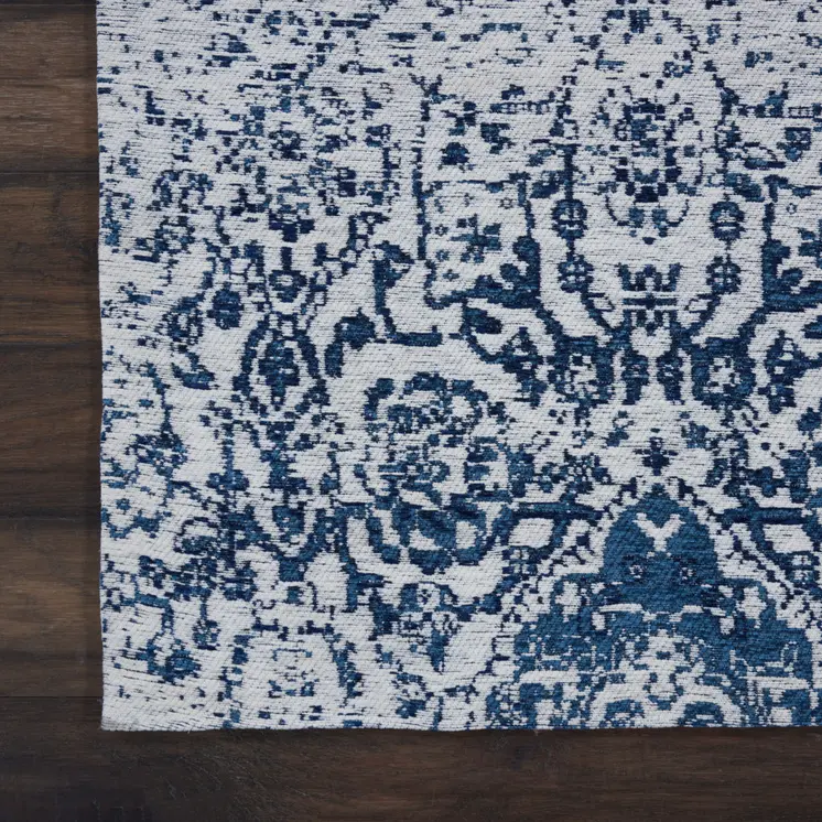 8' X 10' Navy Blue And Ivory Damask Distressed Area Rug