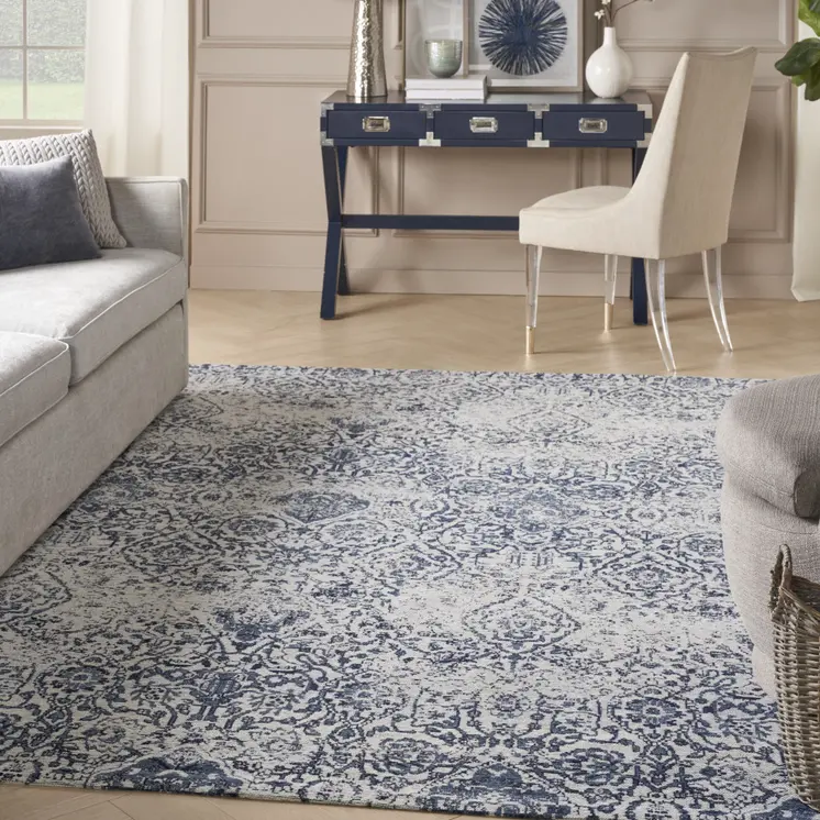 8' X 10' Navy Blue And Ivory Damask Distressed Area Rug