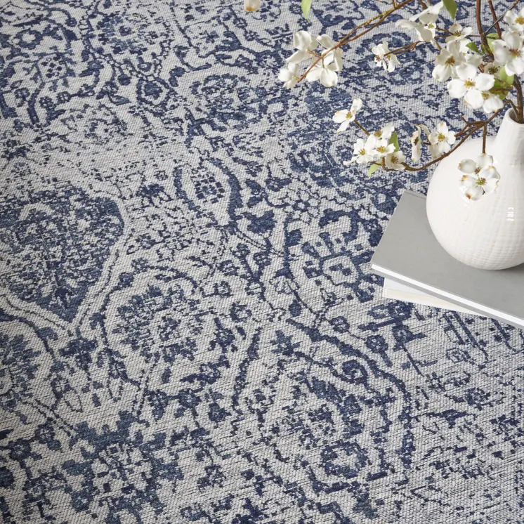 8' X 10' Navy Blue And Ivory Damask Distressed Area Rug