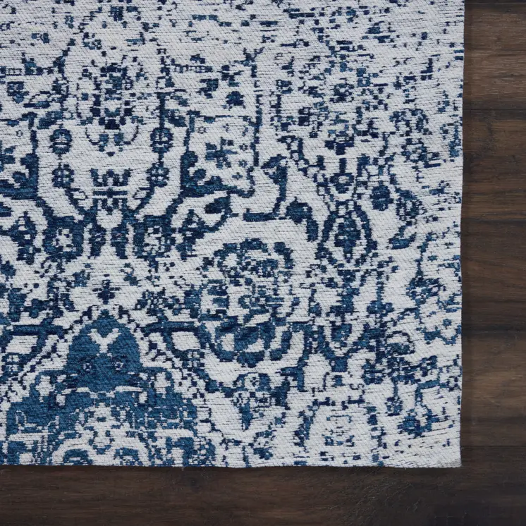 8' X 10' Navy Blue And Ivory Damask Distressed Area Rug