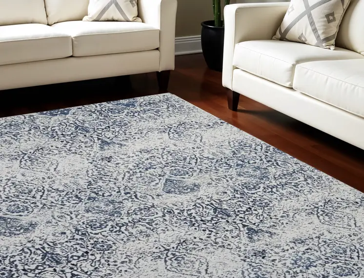 8' X 10' Navy Blue And Ivory Damask Distressed Area Rug