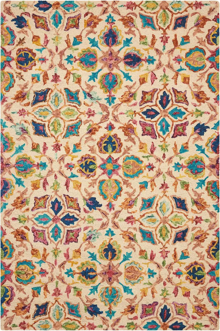 4' X 6' Ivory Blue And Red Wool Geometric Hand Tufted Area Rug