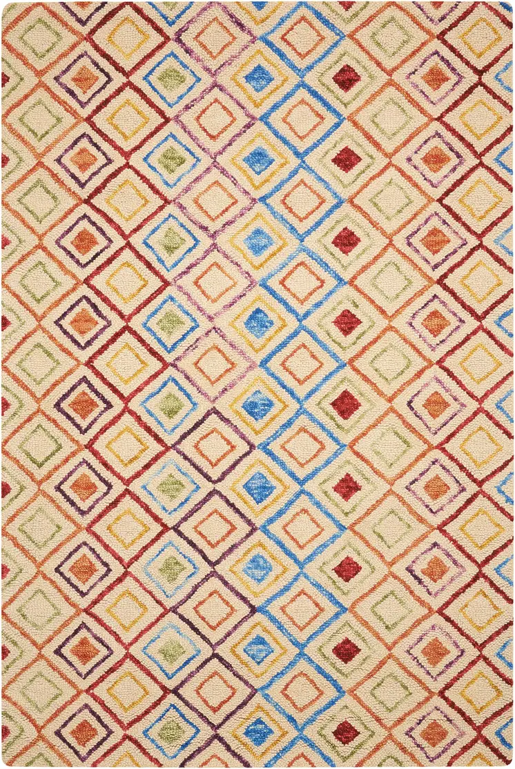 4' X 6' Ivory Blue And Red Wool Geometric Hand Tufted Area Rug