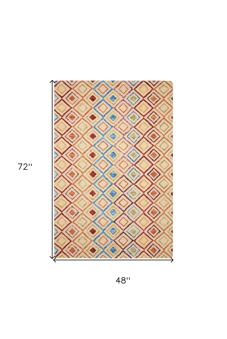 4' X 6' Ivory Blue And Red Wool Geometric Hand Tufted Area Rug
