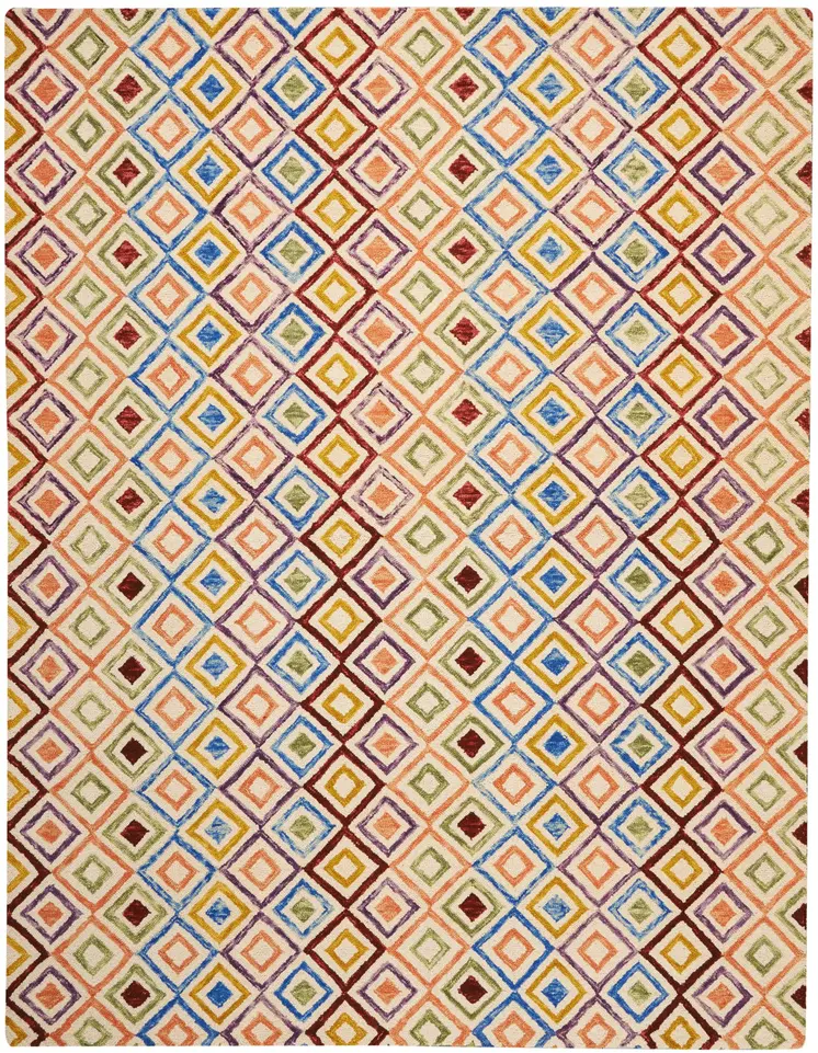 8' X 11' Ivory Blue And Red Wool Geometric Hand Tufted Area Rug