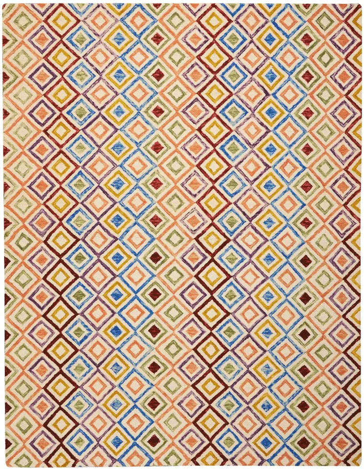 8' X 11' Ivory Blue And Red Wool Geometric Hand Tufted Area Rug