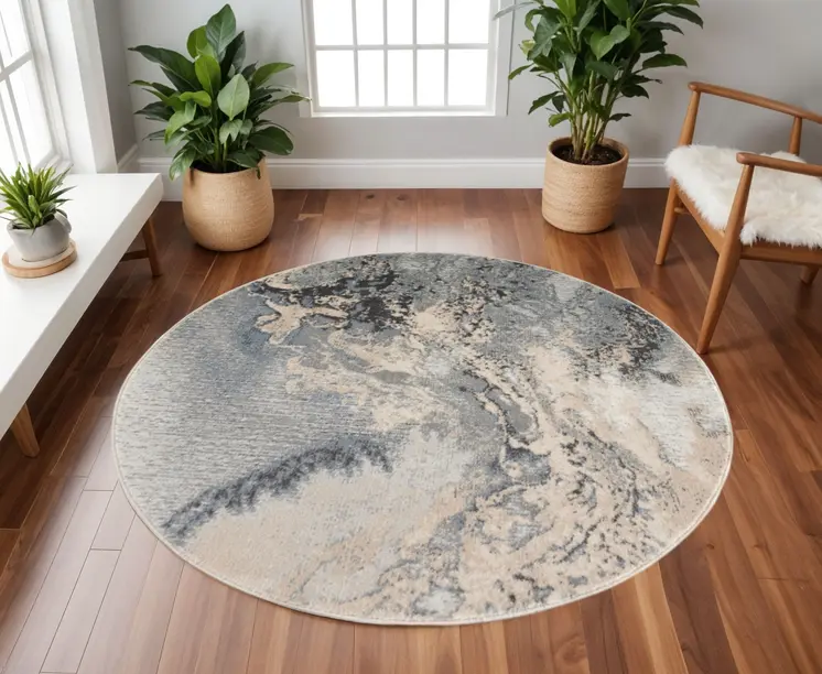 5' Gray Blue and Ivory Abstract Round Rug