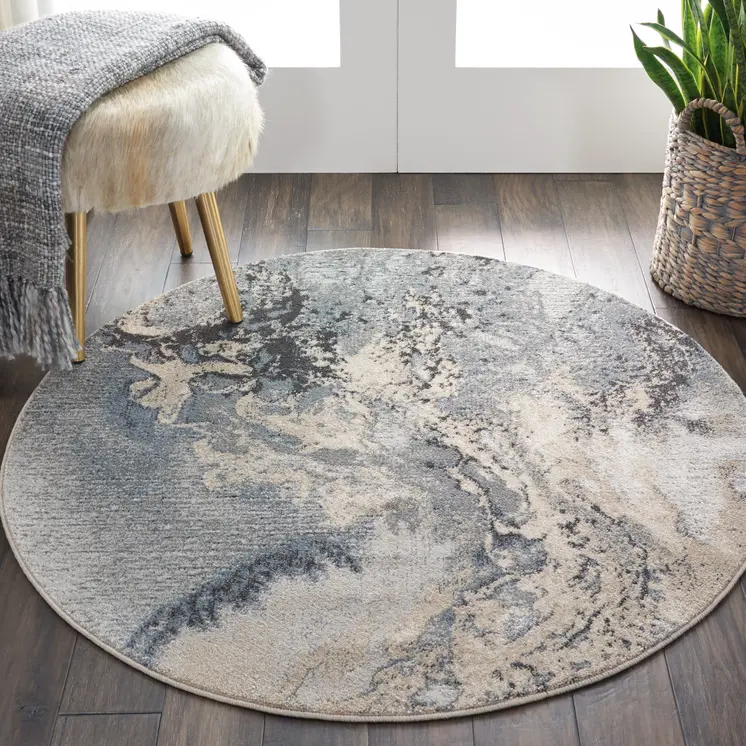 5' Gray Blue and Ivory Abstract Round Rug
