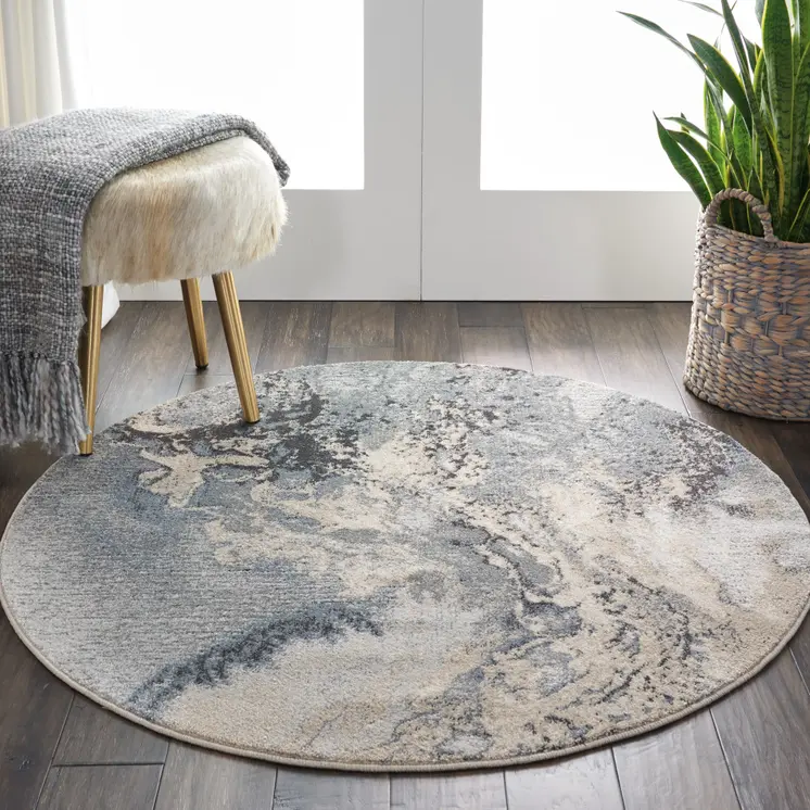 5' Gray Blue and Ivory Abstract Round Rug