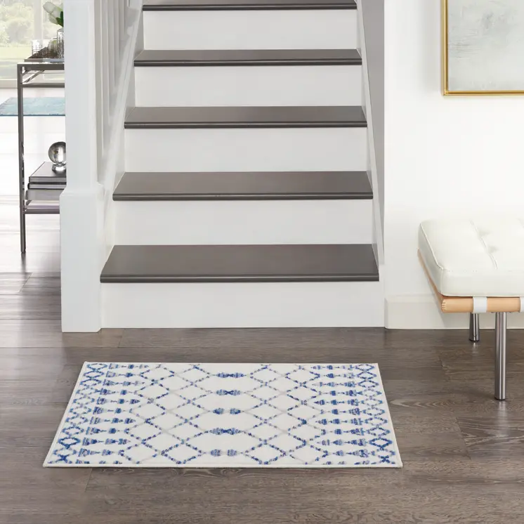 2' X 3' Ivory and Blue Geometric Area Rug