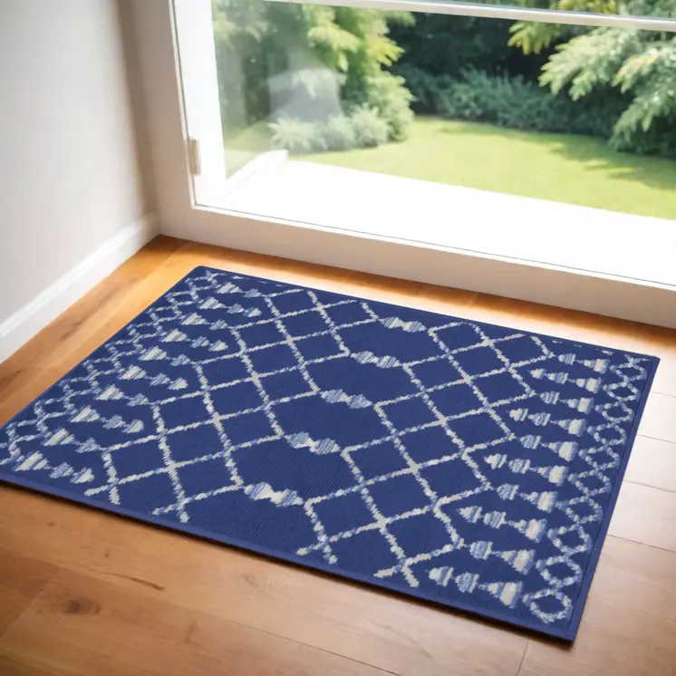 2' X 3' Navy Blue and Ivory Geometric Area Rug