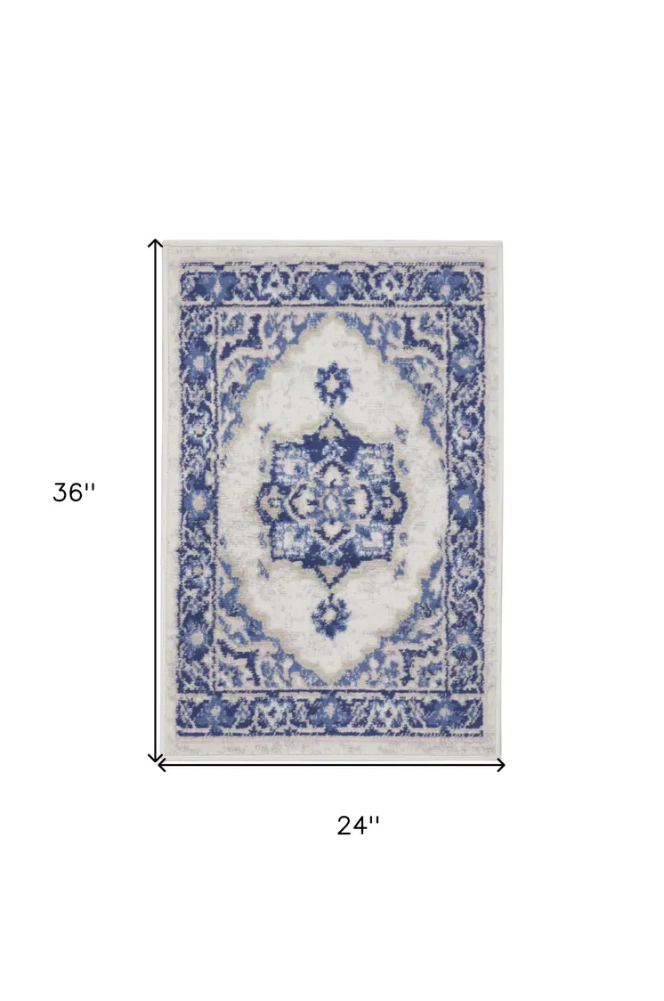 2' X 3' Blue and Ivory Floral Medallion Area Rug
