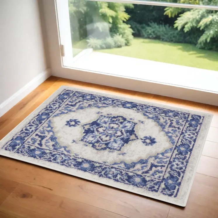 2' X 3' Blue and Ivory Floral Medallion Area Rug