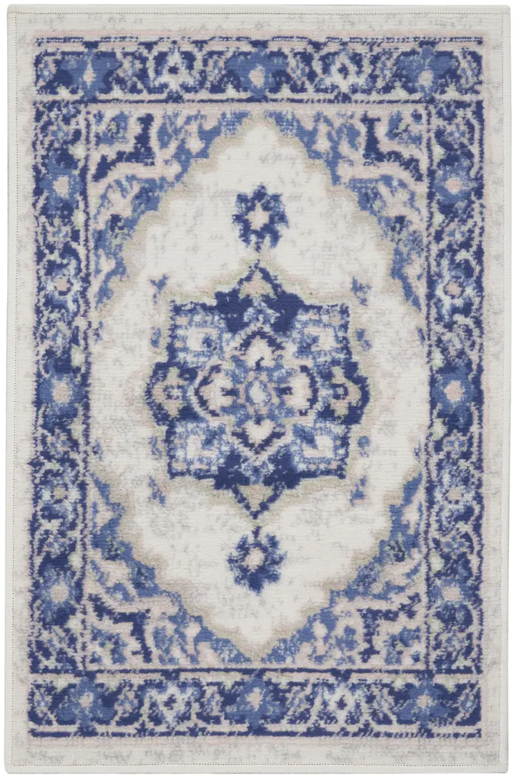 2' X 3' Blue and Ivory Floral Medallion Area Rug