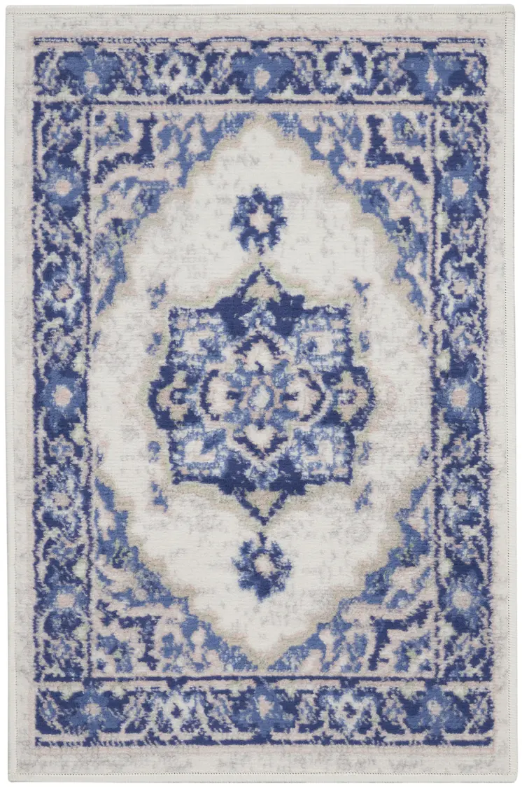 2' X 3' Blue and Ivory Floral Medallion Area Rug
