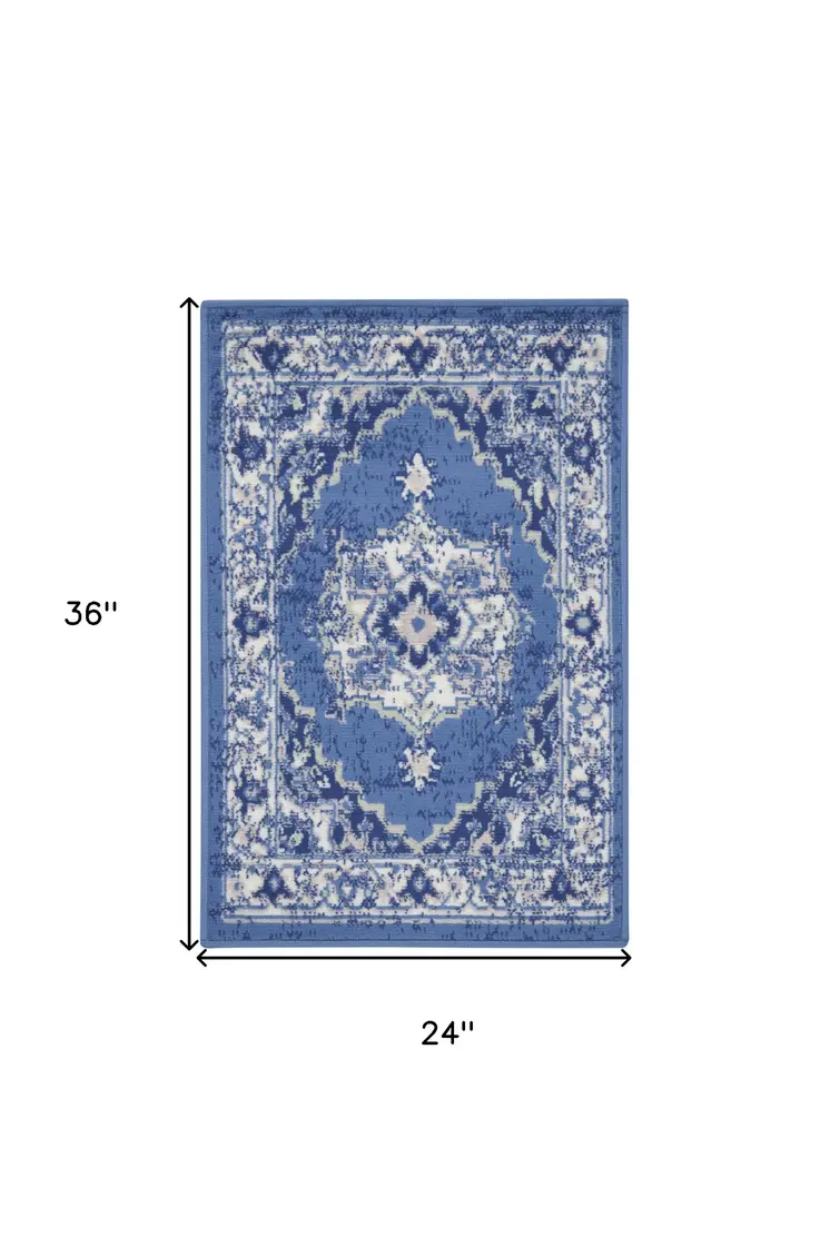 2' X 3' Ivory Navy Blue and Beige Floral Medallion Area Rug