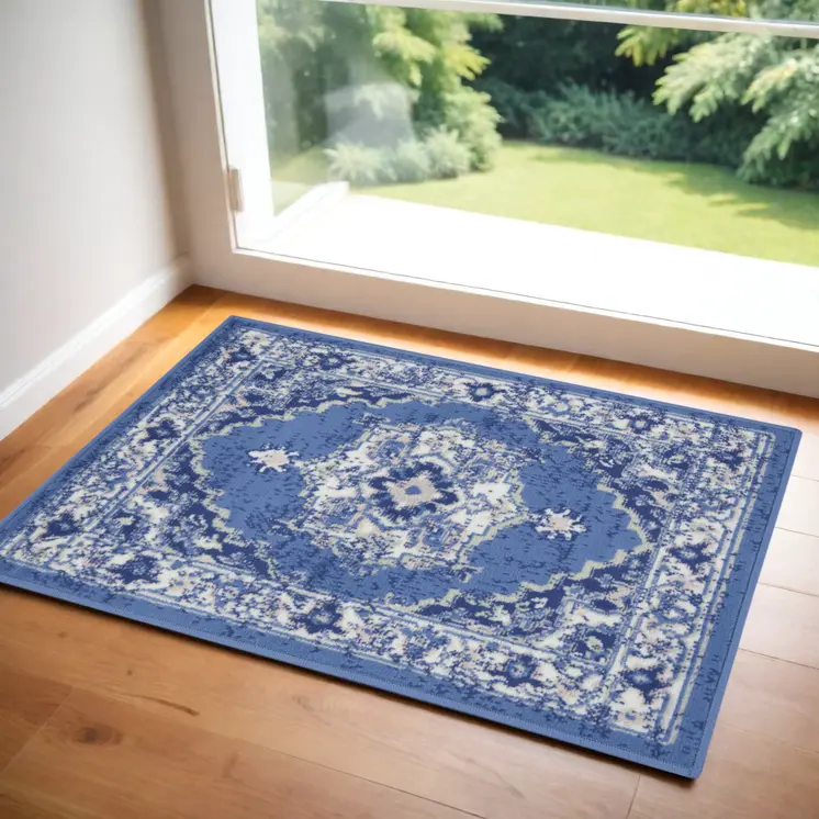 2' X 3' Ivory Navy Blue and Beige Floral Medallion Area Rug