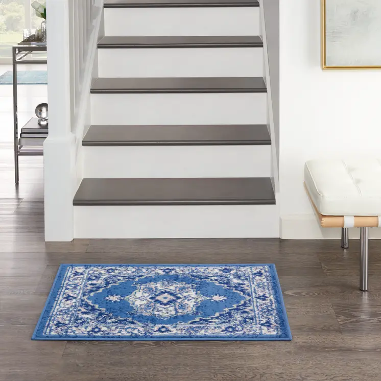 2' X 3' Ivory Navy Blue and Beige Floral Medallion Area Rug