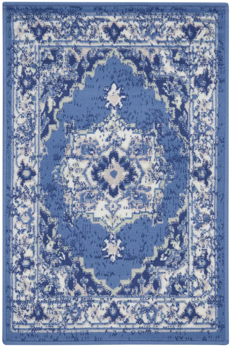 2' X 3' Ivory Navy Blue and Beige Floral Medallion Area Rug