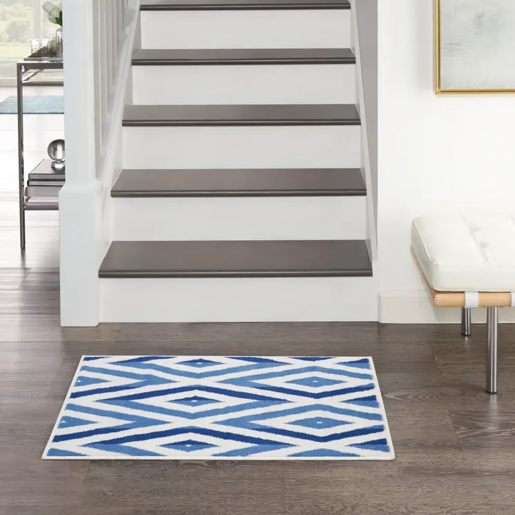 2' X 3' Ivory and Blue Geometric Area Rug